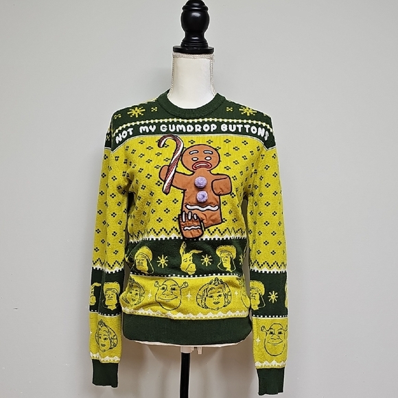 Dreamworks Shrek Green and Yellow Crewneck Sweater with Gingy On The Front Sz XS - Picture 1 of 9